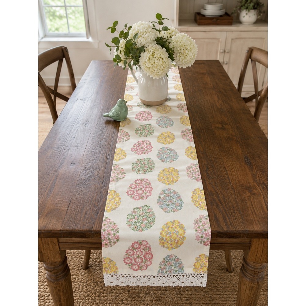 Vintage Easter Egg Table‎ Runner 13x74 Floral Cottagecore Lace Trim Spring
